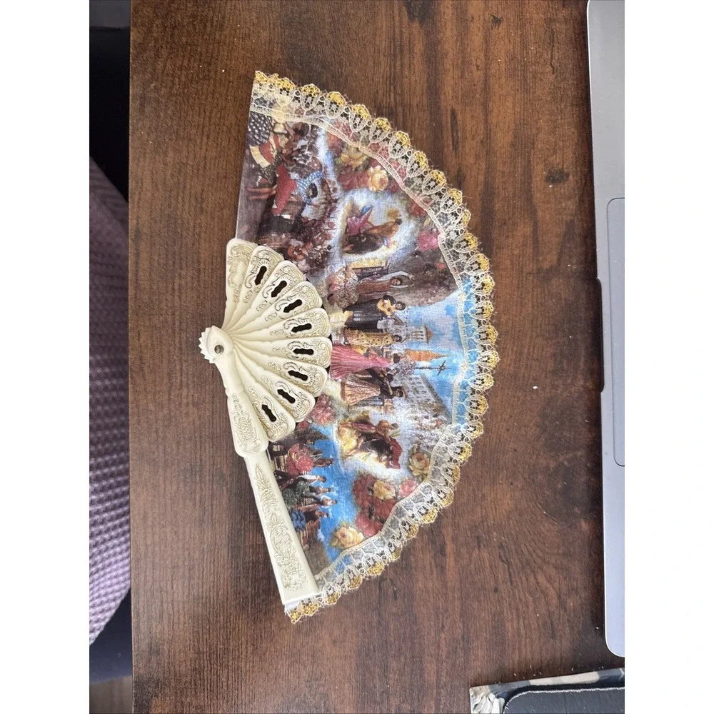 Vintage Spanish Motiff Folding Hand Fan Plastic Painted Fabric Lace - Excellent